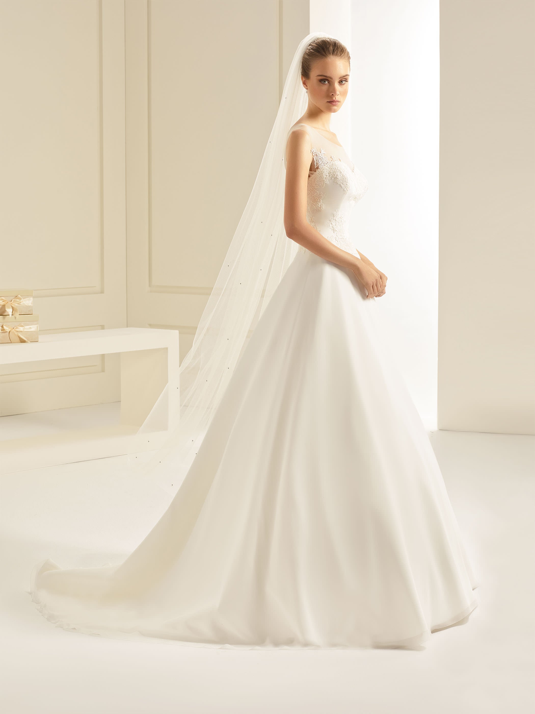 Brudeslør i tyll med krystaller - 200 cm - S245